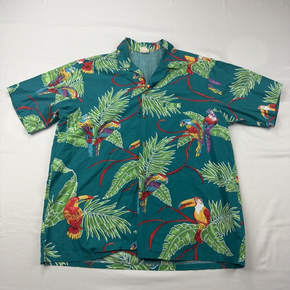 Vintage‎ Barefoot in Paradise Aloha Shirt LARGE Green Tropical Parrot USA Made